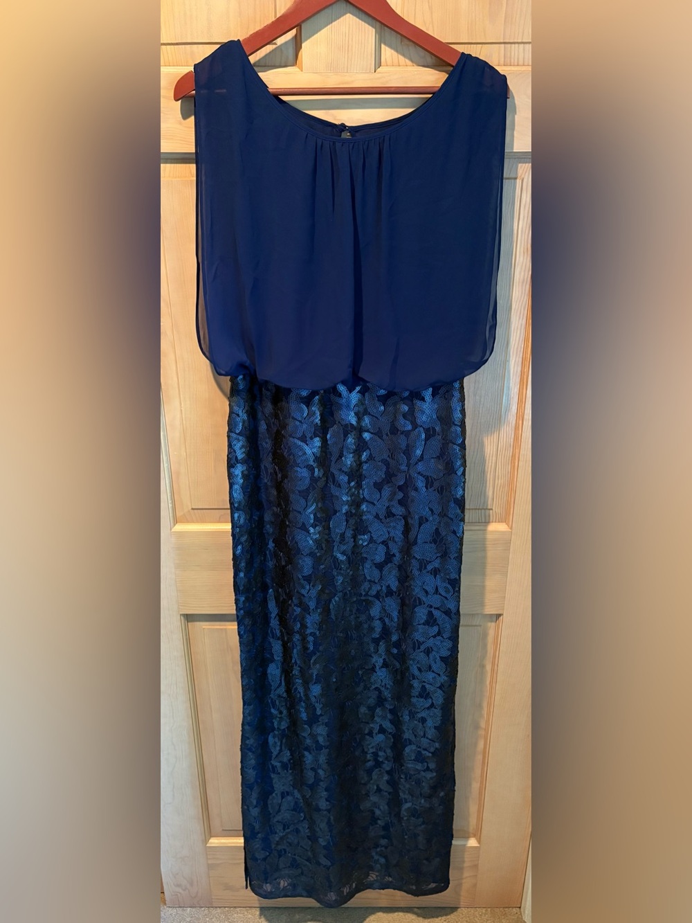 Aidan Mattox Navy Blue Lace & Chiffon Maxi Dress
